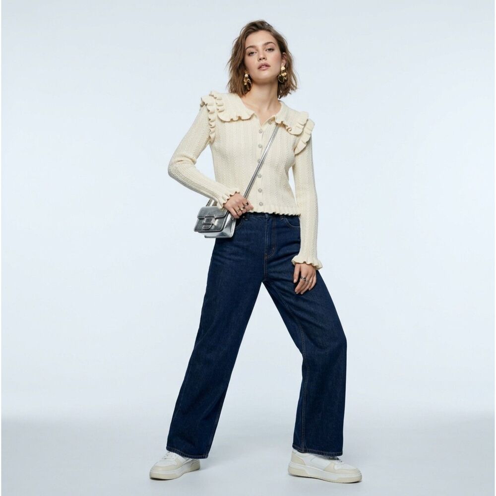 Zara Cream Ruffled Knit Cardigan Sweater Jewel Rhinestone Buttons Size M